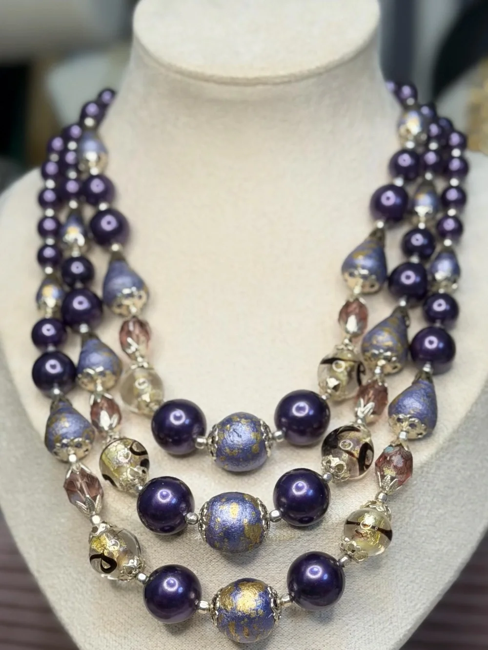 Japan Multi-Strand Art Glass Purple Statement Necklace Mid Century Vintage
